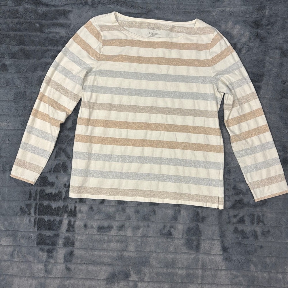 Talbots Petite Metallic Striped Boat Neck Long Sleeve Top Gold Silver LP